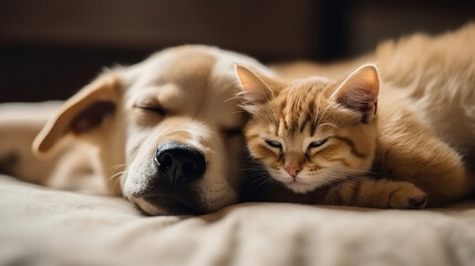 Fototapeta na wymiar Cat and dog sleeping together. Kitten and puppy taking nap. Home pets. Animal care. Love and friendship. Created with Generative AI technology.