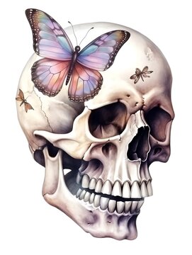 Human skull with butterfly, generative ai watercolor illustration