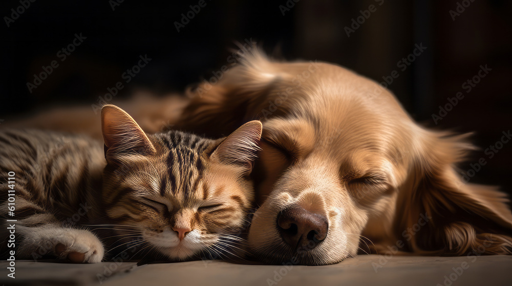 Wall mural Cat and dog sleeping together. Kitten and puppy taking nap. Home pets. Animal care. Love and friendship. Created with Generative AI technology.