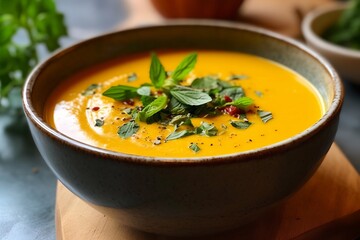 Pumpkin soup, food for Thanksgiving day or Halloween, generative ai