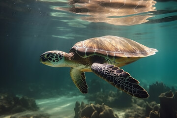 Obraz premium Sea turtle underwater in ocean, Generative AI
