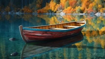 Fototapeta na wymiar Holzboot im Bergsee, Bright color, ultra realistic