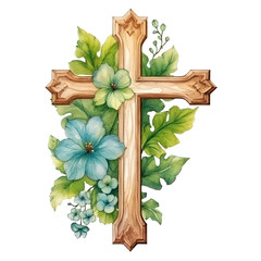 Christian cross decorated with flowers and plants executed in watercolor and isolated on transparent background