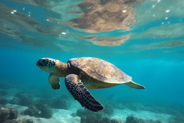 Sea turtle underwater in ocean, Generative AI