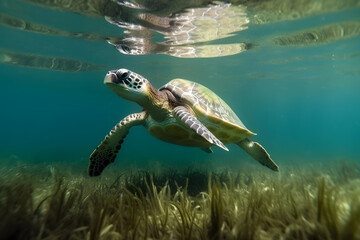 Fototapeta na wymiar Sea turtle underwater in ocean, Generative AI