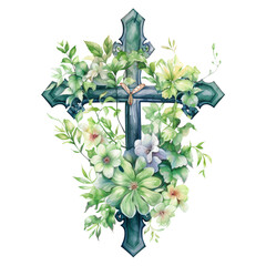 Christian cross decorated with flowers and plants executed in watercolor and isolated on transparent background