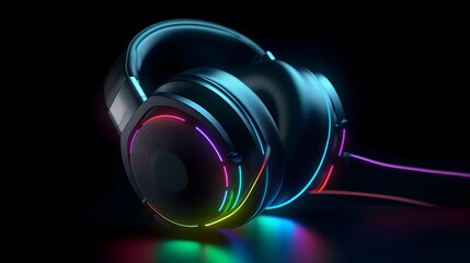 Fototapeta na wymiar Glowing headphone neon on dark background. 3d render, Bright color, ultra realistic