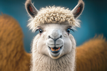 Obraz premium Portrait of cute alpaca. Realistic, smile funny animal concept image. Made with Generative AI