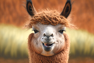 Obraz premium Portrait of cute alpaca. Realistic, smile funny animal concept image. Made with Generative AI