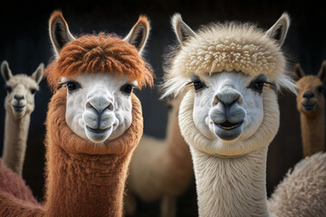 Obraz premium Portrait of two alpacas. Couple, friend or family alpaca. Realistic, smile funny animal concept image. Made with Generative AI