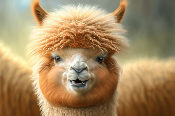 Portrait of cute alpaca. Realistic, smile funny animal concept image. Made with Generative AI