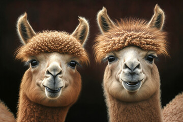 Portrait of two alpacas. Couple, friend or family alpaca. Realistic, smile funny animal concept image. Made with Generative AI
