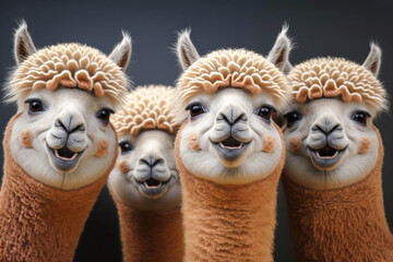A herd of alpacas. Farm rural life, alpaca in outdoor concept image. Realistic, smile funny animal concept. Made with Generative AI - obrazy, fototapety, plakaty