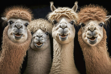 A herd of alpacas. Farm rural life, alpaca in outdoor concept image. Realistic, smile funny animal concept. Made with Generative AI - obrazy, fototapety, plakaty