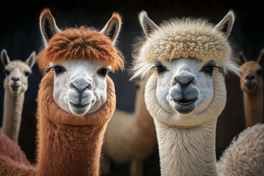 Portrait of two alpacas. Couple, friend or family alpaca. Realistic, smile funny animal concept image. Made with Generative AI