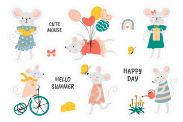 Set of stickers with cute mice. Vector mouse. Mouse flying on balloons, watering flowers, eating cheese. Cartoon gray mouse in a beautiful dress. Isolated background. Kids sticker. 
