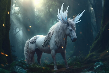 Obraz na płótnie Canvas Majestic unicorn with wings standing gracefully in a field of vibrant wildflowers, surrounded by rolling hills. Created with AI Generator 