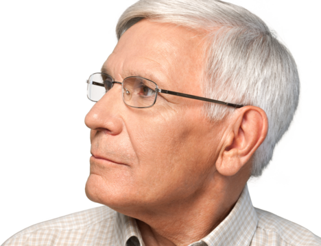 Thoughtful senior man in eyeglasses isolated on white