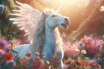 Majestic unicorn with wings standing gracefully in a field of vibrant wildflowers, surrounded by rolling hills. Created with AI Generator 
