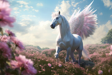 Obraz na płótnie Canvas Majestic unicorn with wings standing gracefully in a field of vibrant wildflowers, surrounded by rolling hills. Created with AI Generator 