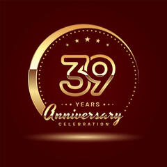 Fototapeta na wymiar 39 year anniversary celebration logo design with a number and golden ring concept, logo vector template