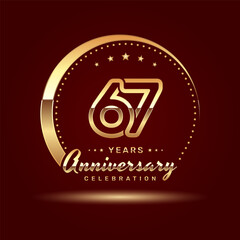 67 year anniversary celebration logo design with a number and golden ring concept, logo vector template