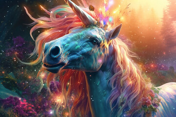 Fototapeta na wymiar Majestic unicorn with wings standing gracefully in a field of vibrant wildflowers, surrounded by rolling hills. Created with AI Generator 