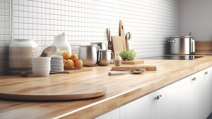 Fototapeta na wymiar 3D render close up blank empty space on beautiful wooden kitchen counter top with stylish kitchen ware, culinary, marble wall tiles. Morning sunlight, Breakfast, Cooking, Equipment, Background, Bright