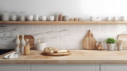 Fototapeta na wymiar 3D render close up blank empty space on beautiful wooden kitchen counter top with stylish kitchen ware, culinary, marble wall tiles. Morning sunlight, Breakfast, Cooking, Equipment, Background, Bright