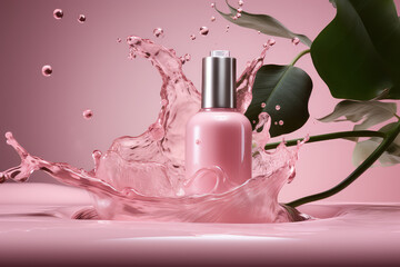 Mockup of Natural perfume with rose extract. Matte perfume bottle with lid on a pastel pink background, clear liquid, splashes, rose flowers. Generative AI professional photo imitation.