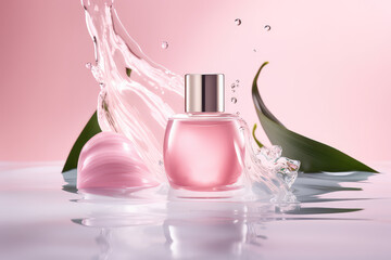 Mockup of Natural perfume with rose extract. Glass perfume bottle with lid on a pastel pink background, clear liquid, splashes, pink flowers. Generative AI professional photo imitation.