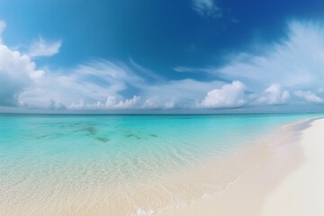 Fototapeta na wymiar Paradise, blue ocean white sand beach, calm background. Generative AI