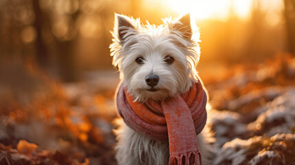 Winter's Companion: A White Dog in a Cozy Scarf created with Generative AI Technology