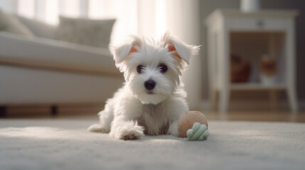 White Dog Poses Comfortably in Living Room created with Generative AI Technology