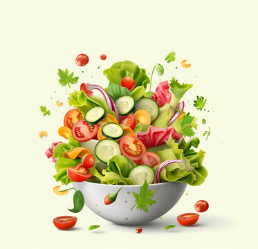 Flying salad ingredients in a white plate.  A fresh summer salad  falling into a plate on a white background isolated on white background.