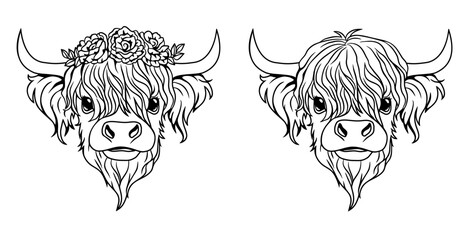 Outline vector design of cute Highland cow with flowers and without.