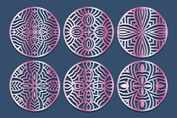 Laser cut wood coasters. Geometric decorative mandala designs.	Laser cut oaster