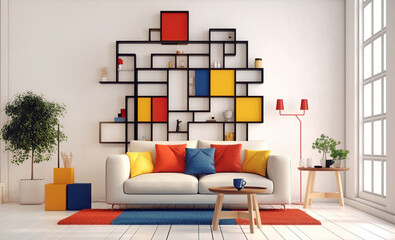 Suprematism style interior design of modern living room with abstract geometric colorful shapes. Created with generative AI