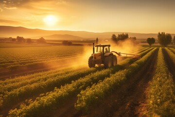 Fototapeta premium A tractor sprays pesticides on plantation field at sunset. Generative AI.
