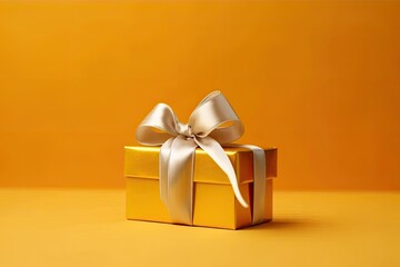 Gift box with gold satin ribbon and bow on yellow background. Holiday gift with copy space. Generative AI