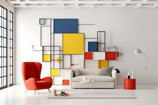 Red Wingback Chair And White Sofa In Bright Room. Suprematism Style Interior Design Of Modern Living Room With Abstract Geometric Shapes. Created With Generative AI