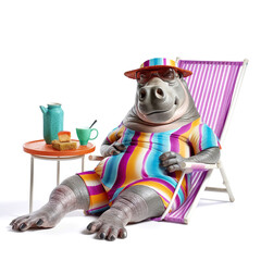 Funny cartoon fat hippo sitting on broken beach chair isolated over white background. Obesity and overweight concept. Created with generative Ai