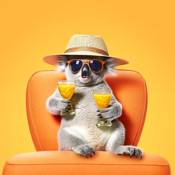 Funny koala wearing summer straw hat and stylish sunglasses, holding glasses with cocktail drinks on chair isolated over orange. Summer holiday and vacation concept. Created with generative Ai