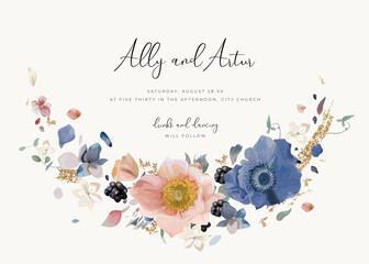 Elegant floral wreath. Lovely blue, blush pink anemone flower, white petals, berries, golden glitter watercolor bouquet decoration. Vector illustration. Stylish, art wedding invite, save the date card