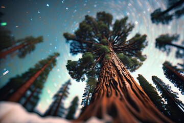 Tilt shift looking up of a giant sequoia time lapse tree nature. Generative AI AIG15. - obrazy, fototapety, plakaty