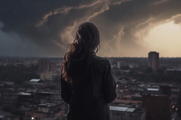 Fototapeta premium A AI generated non existing woman looking in the storm