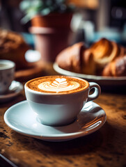 Cup of cappuccino with beautiful latte art on a wooden table and croissant and a vase in the back dark background. Generative AI