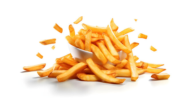 Tiny bowl filled with Crisp French fries falling all over the place isolated on white background. Generative AI