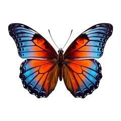 Fototapeta na wymiar Butterfly isolated on transparent background, beautiful blue and orange colored butterfly flying over white background, top view, flat lay, view from above. generative ai