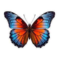 Obraz premium Butterfly isolated on transparent background, beautiful blue and orange colored butterfly flying over white background, top view, flat lay, view from above. generative ai